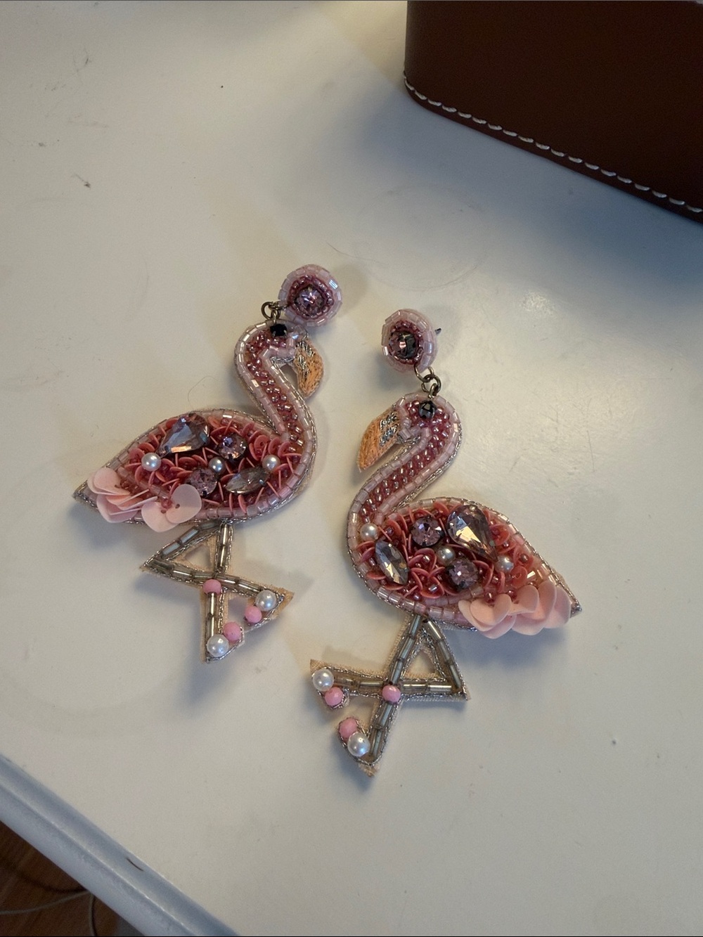 Pink Flamingo Beaded Drop Earrings - Unbranded